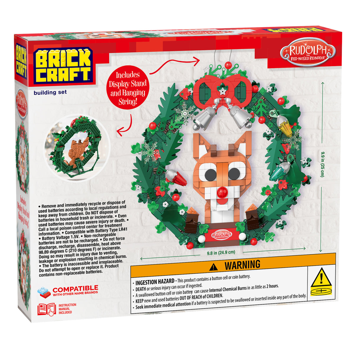Boxed building set by Brick Craft featuring a Rudolph reindeer in a wreath.