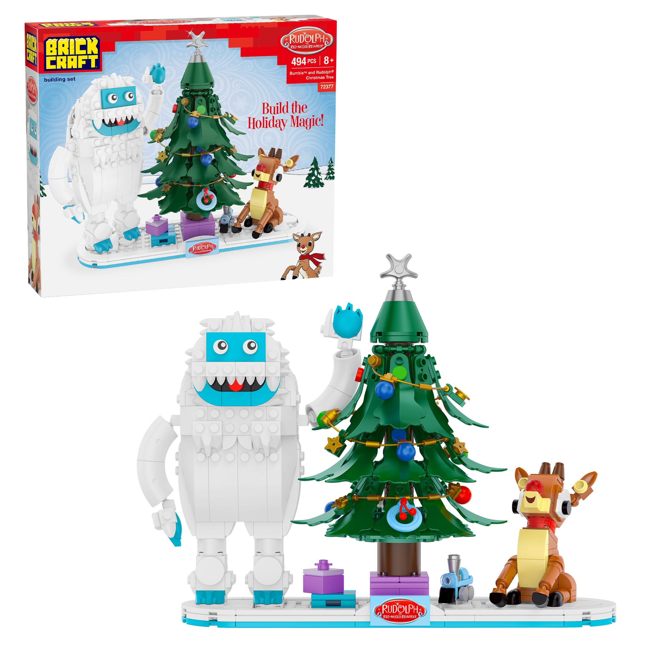 Brick Craft holiday-themed building set with a white creature, Christmas tree, and reindeer in front of its packaging.