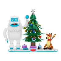 Toy set with Bumble, Rudolph, and a Christmas tree on a white background