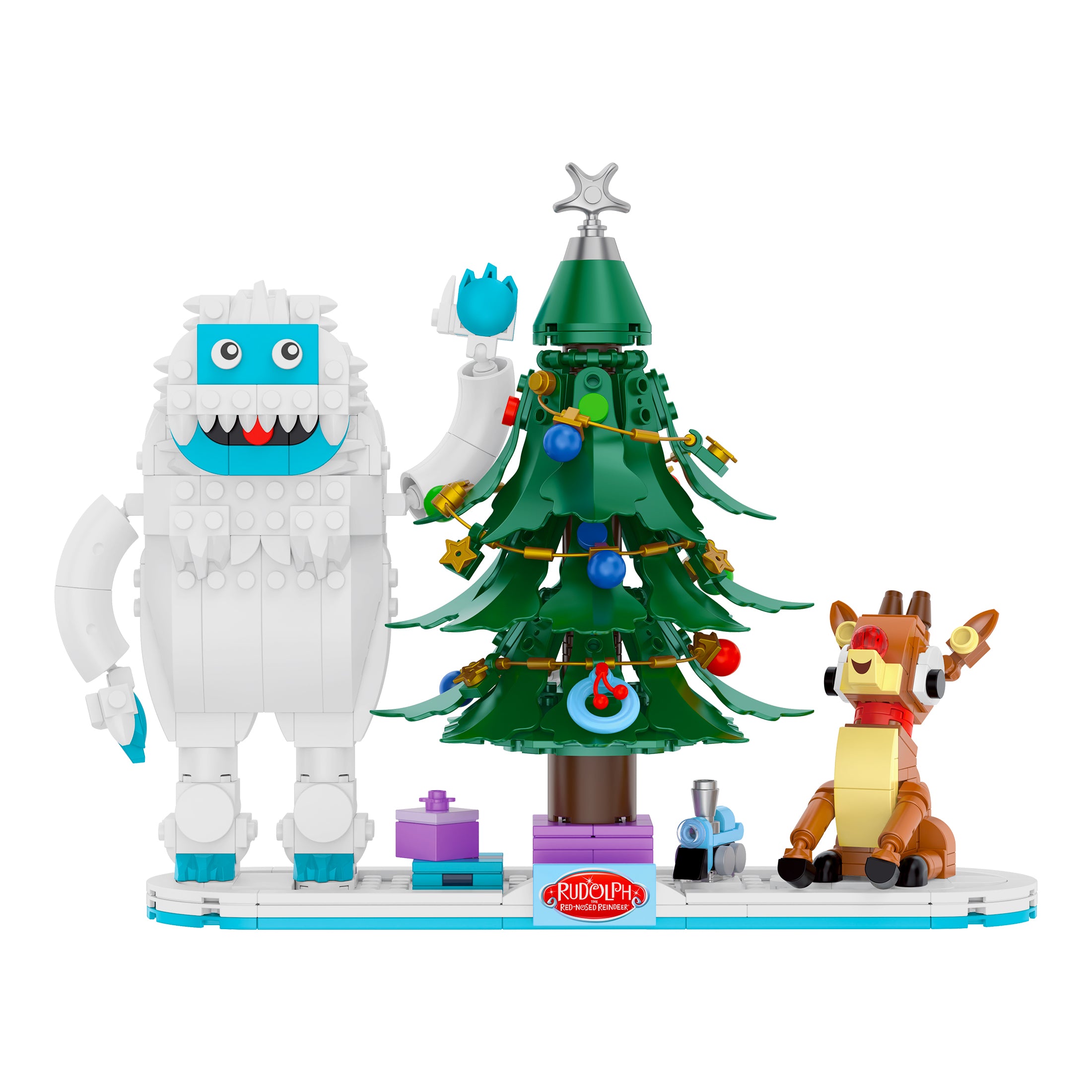 Toy set with Bumble, Rudolph, and a Christmas tree on a white background