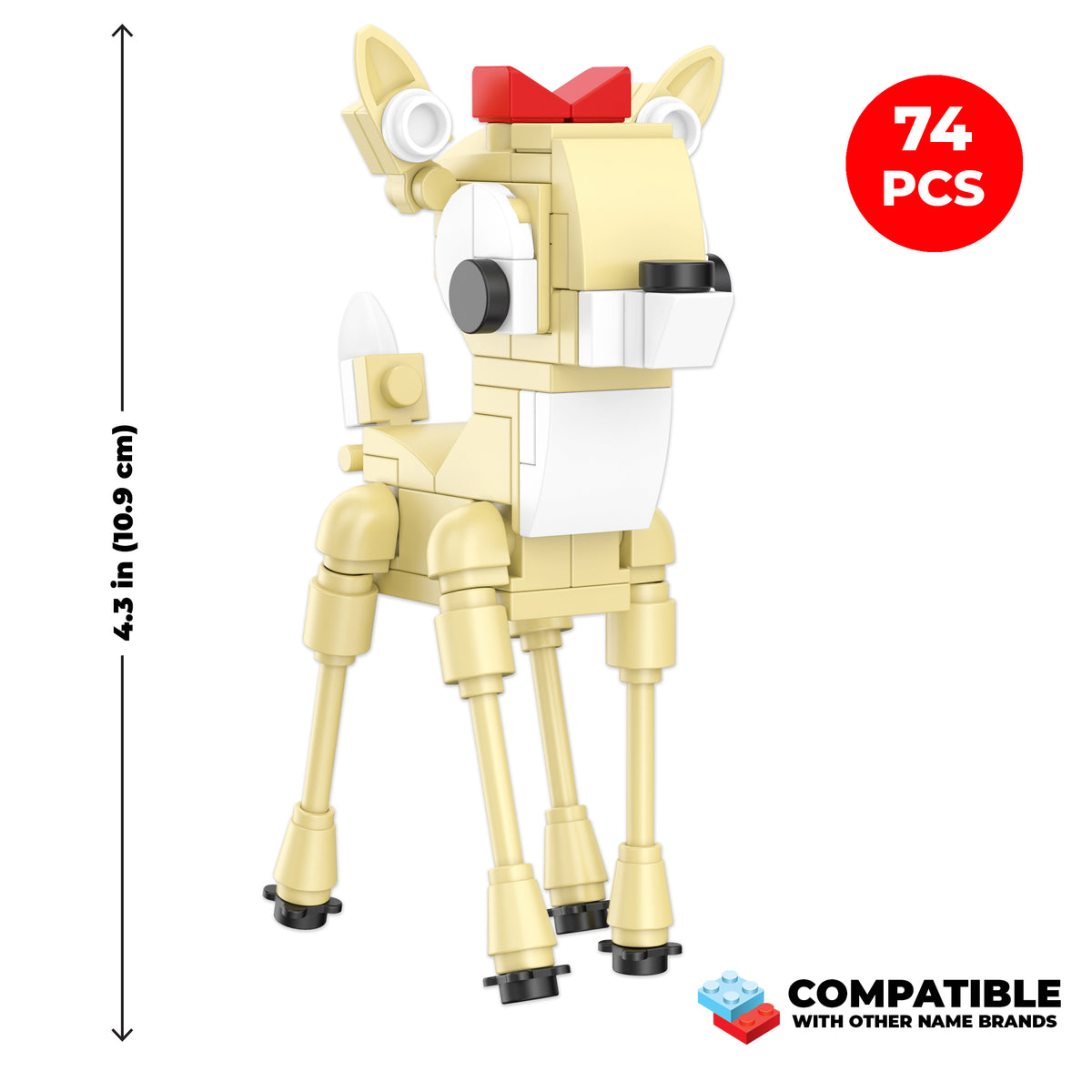 Toy figure of a deer made from building blocks with measurement details on a white background