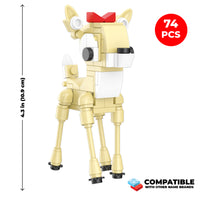 Toy figure of a deer made from building blocks with measurement details on a white background