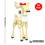 Toy figure of a deer made from building blocks with measurement details on a white background
