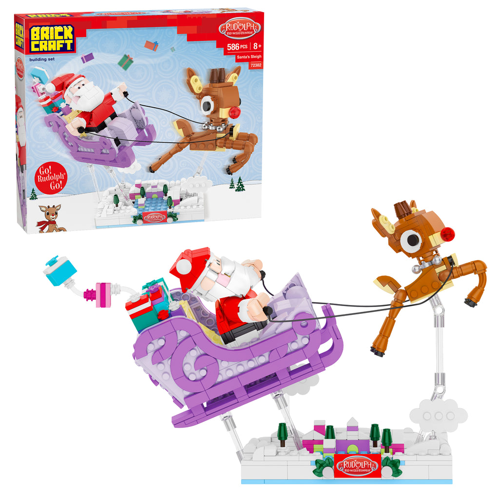 Brickcraft Christmas set with Santa Claus, reindeer, and sleigh in front of packaging