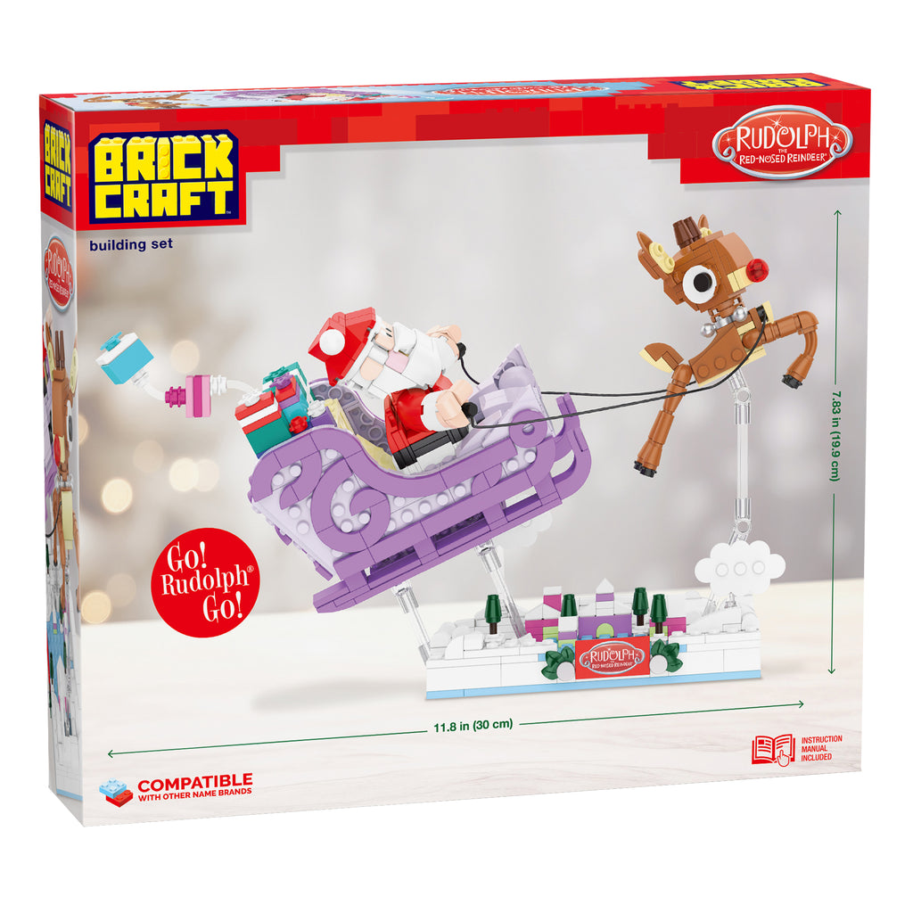Brick Craft building set packaging featuring Santa Claus in a sleigh with Rudolph the Reindeer.