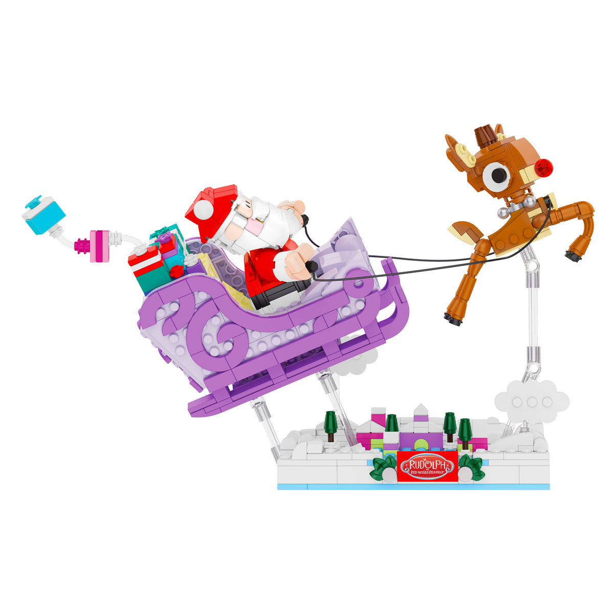 Brick set with a reindeer pulling a sleigh on a white background