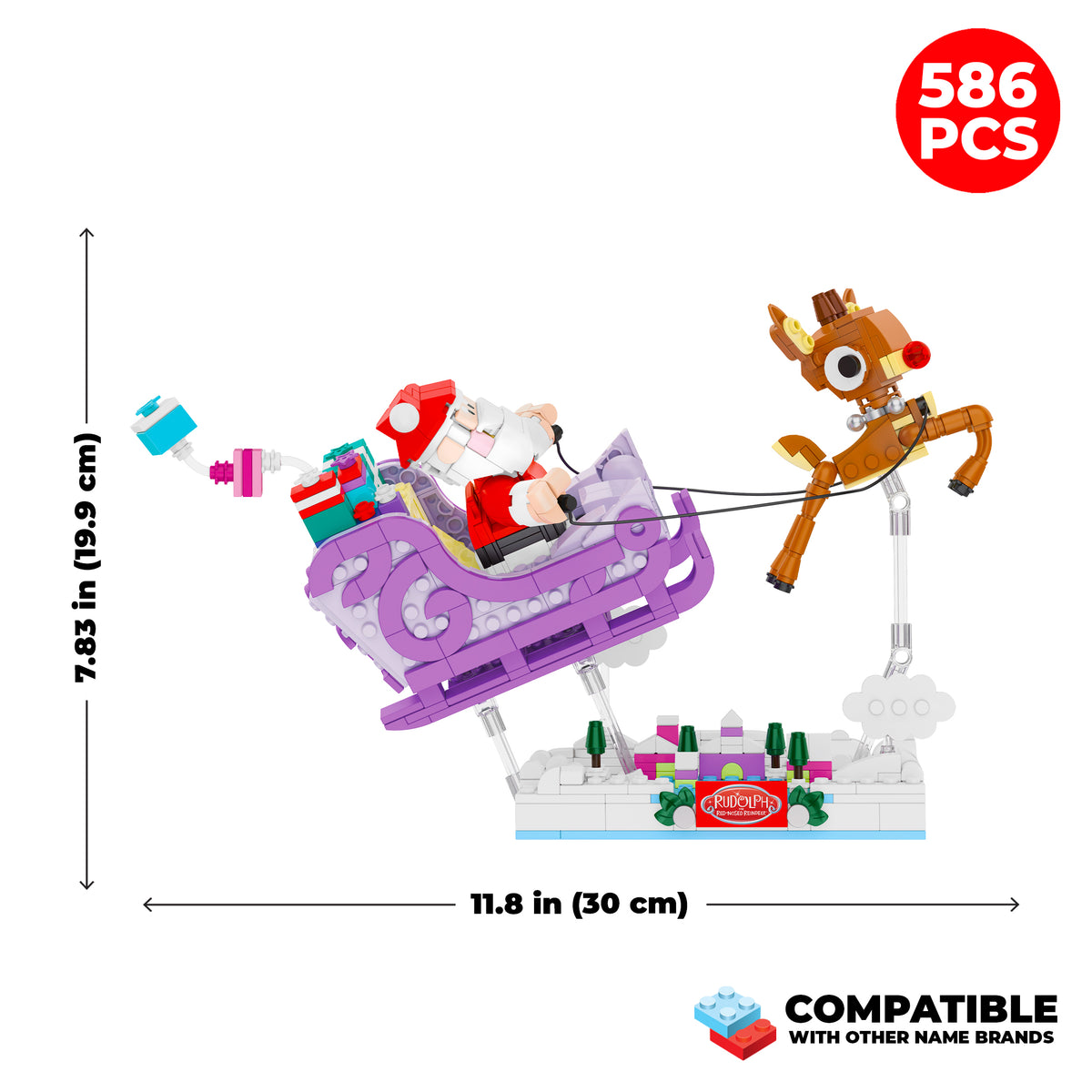 Toy set with Santa Claus in a sleigh pulled by a reindeer, showing dimensions and piece count.