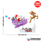 Toy set with Santa Claus in a sleigh pulled by a reindeer, showing dimensions and piece count.