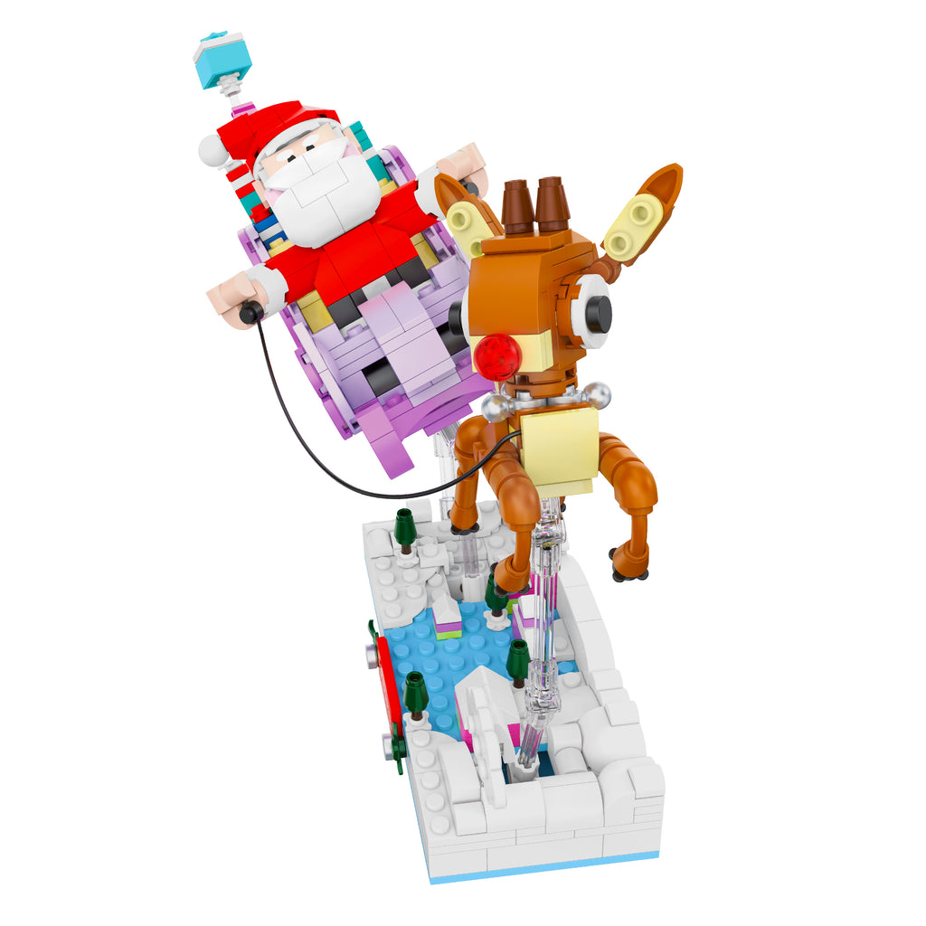 Toy figure of Santa Claus and reindeer on a snowy base with Christmas trees.