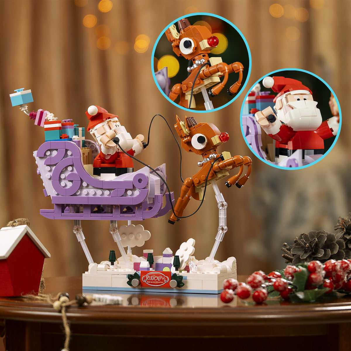 Christmas-themed toy set with Santa Claus, reindeer, and sleigh on a wooden table.