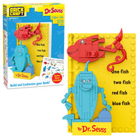 Dr. Seuss book with building set pieces and packaging on a white background