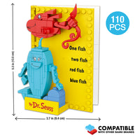 Dr. Seuss-themed building block set with red and blue fish figures on a yellow baseplate, compatible with other name brands.