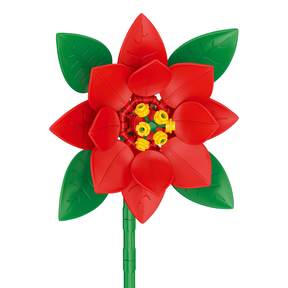 Red flower-shaped toy with green leaves on a white background