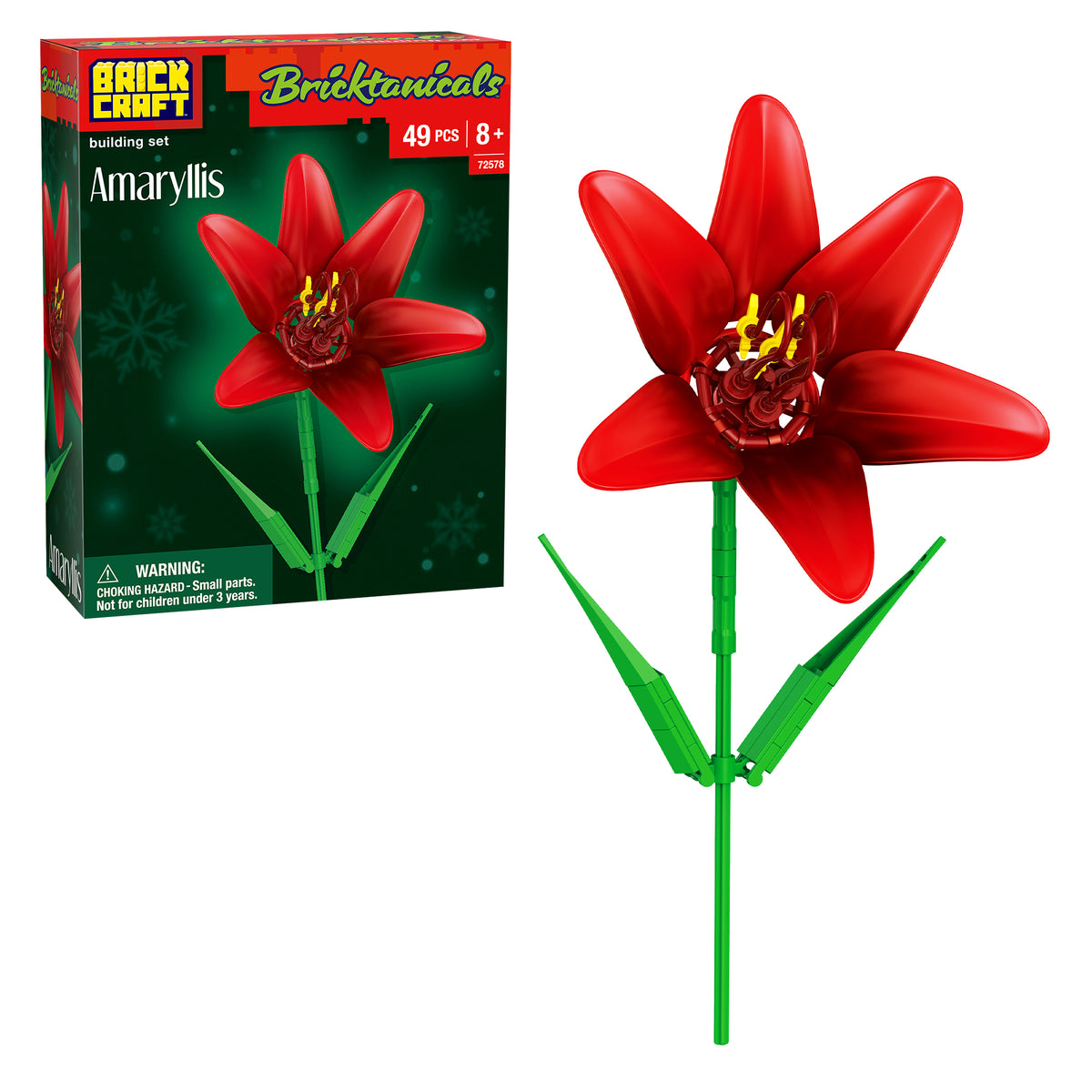 Red flower building set by BrickCraft with packaging on a white background