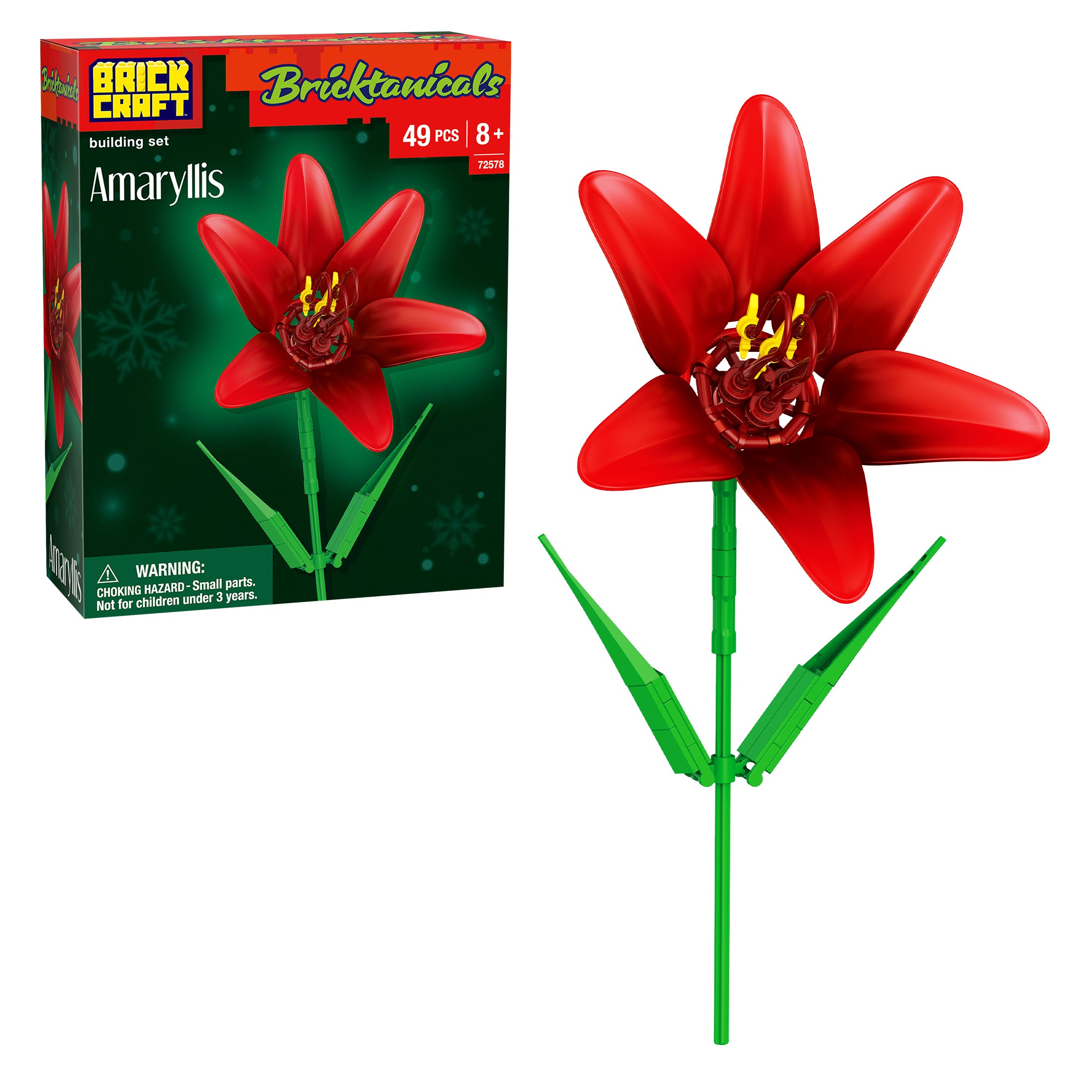 Red flower building set by BrickCraft with packaging on a white background