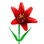 Red flower-shaped object with green stem on a white background