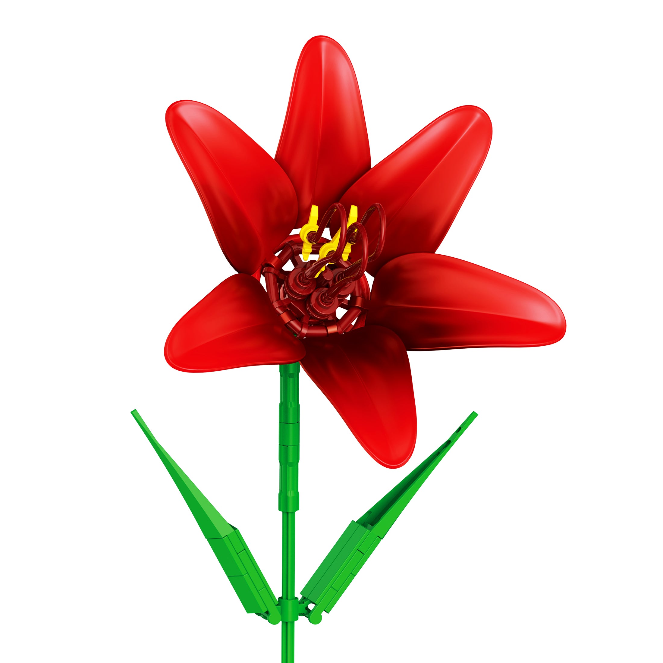 Red flower-shaped object with green stem on a white background