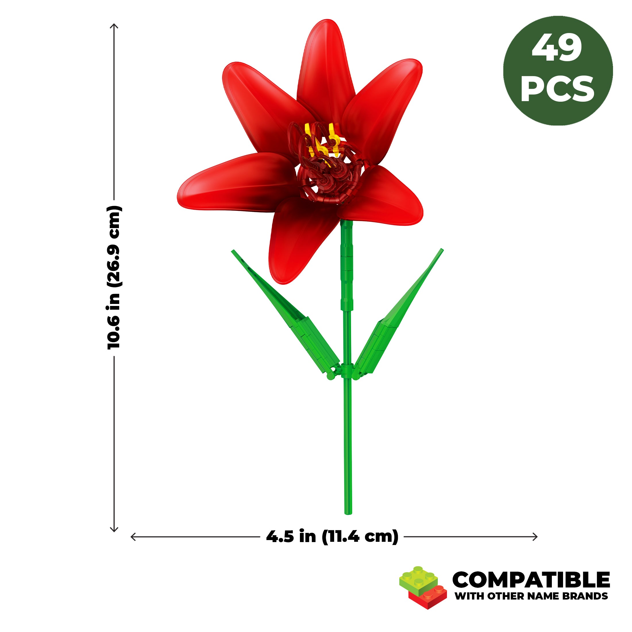 Red flower-shaped object with measurements and compatibility information on a white background