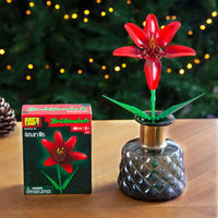 Red flower in a glass vase next to its packaging on a wooden surface with a blurred festive background.