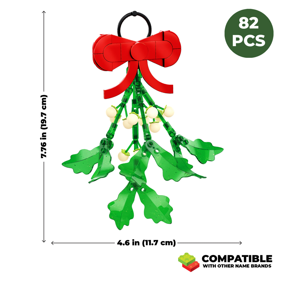 Christmas decoration with red bow and green leaves, compatible with other name brands, on a white background.