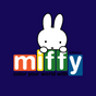 White rabbit character with colorful 'miffy' text on a dark blue background