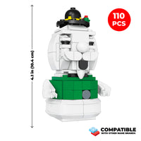 Toy figure made of interlocking bricks with dimensions and piece count displayed.