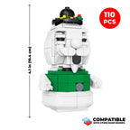 Toy figure made of interlocking bricks with dimensions and piece count displayed.