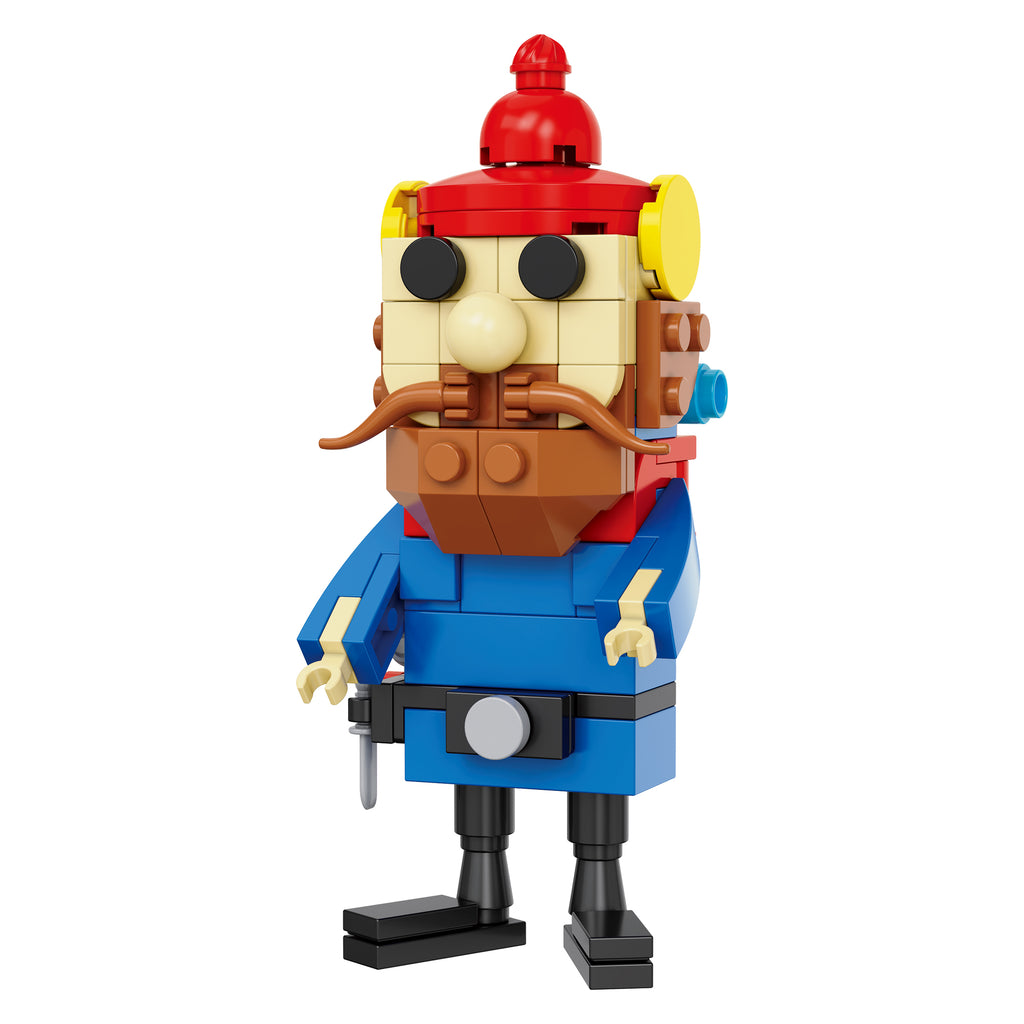 Brick Yukon Cornelius with a red hat, blue outfit, and beard on a white background