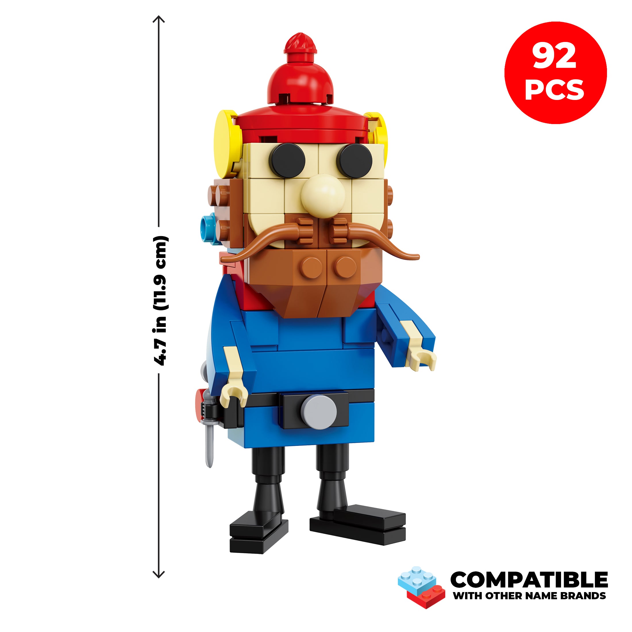 Toy figure with red hat and blue outfit, shown with measurements and compatibility label.