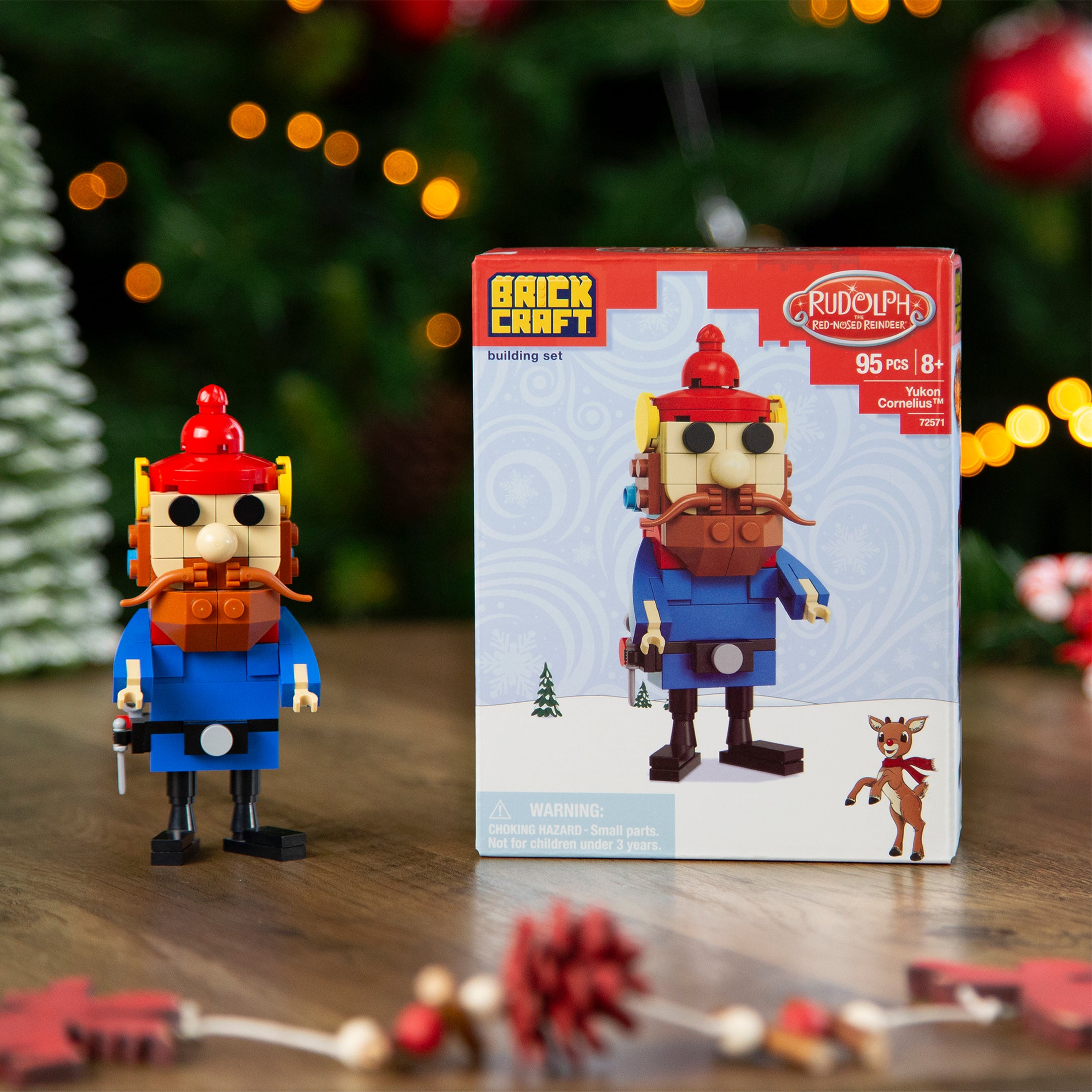 Brickcraft toy figure and packaging on a festive background