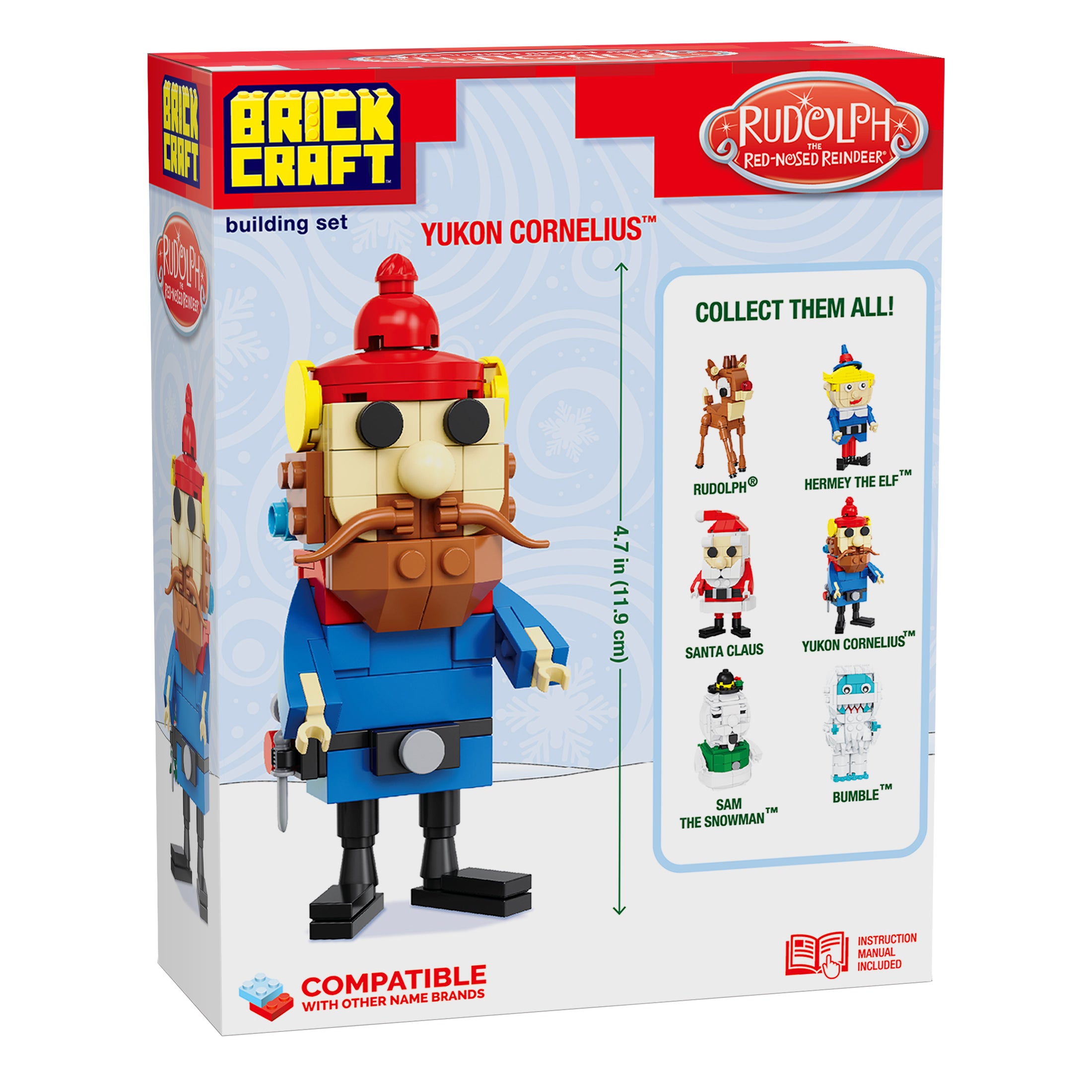 Brickcraft building set packaging featuring Yukon Cornelius with Rudolph the Red-Nosed Reindeer branding.